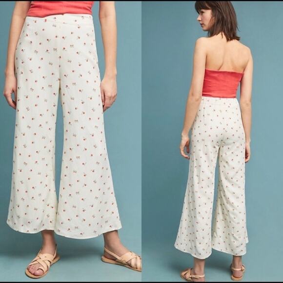 Feather Bone Anthropologie Cream Cherry Print Wide Leg Pants size 0 - Picture 1 of 8
